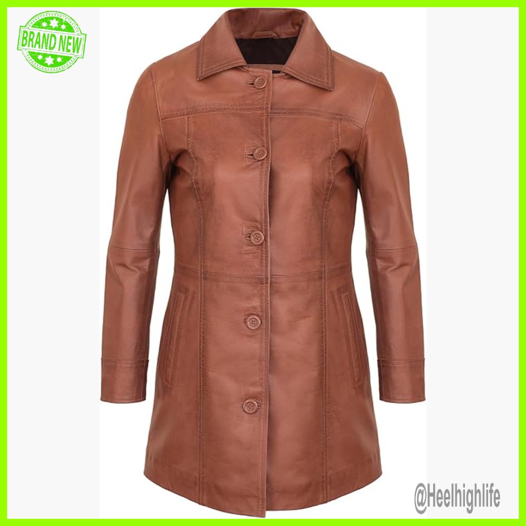 Real Lambskin Leather Car Coat Long Jacket Regular Fit Button Closure